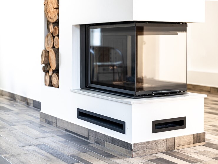 Foto grátis estilo de canto de sala de estar com decoração de lareira e estilo de quarto interior com conceito de madeira.