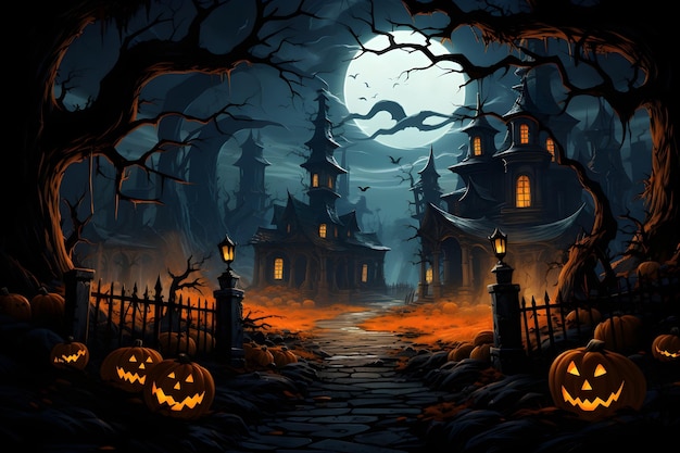 Foto grátis estilo de desenho animado de noite de halloween em hd com mansão e abóbora