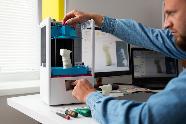 Foto grátis estilo de vida do designer usando uma impressora 3d.