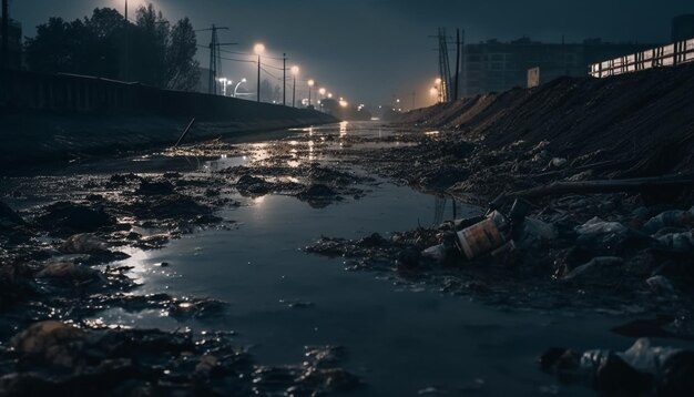 Estrada gelada reflete os faróis dos carros através da névoa gerada pela IA