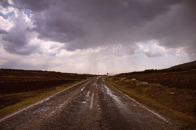 Estrada no meio de campos gramados secos em um dia nublado