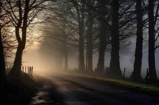 Estrada vazia em atmosfera escura