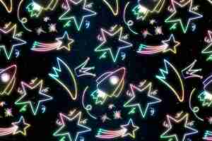 Foto grátis estrela do foguete de néon doodle padrão de fundo
