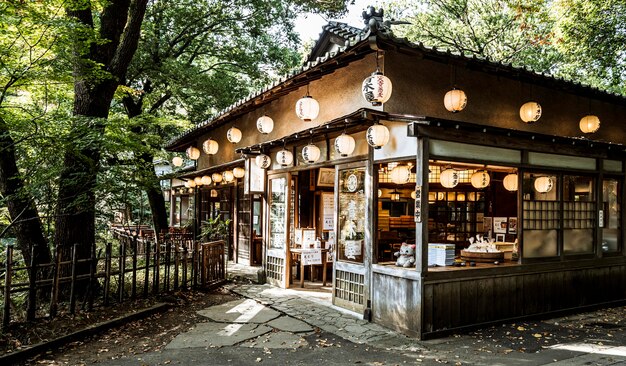 Estrutura de templo japonês cercada pela natureza