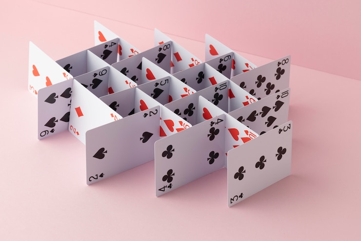 Foto grátis estrutura feita de cartas em fundo rosa