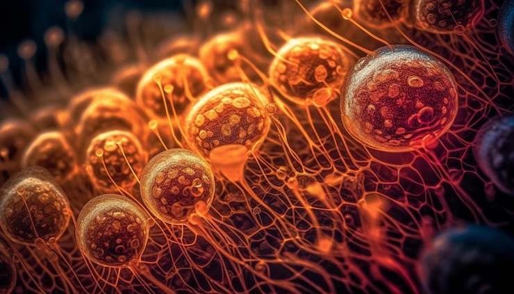 Foto grátis estrutura molecular de células cancerígenas sob microscópio gerado por ia