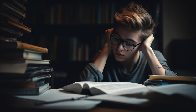Estudante caucasiano lendo livro didático na biblioteca IA generativa cansada