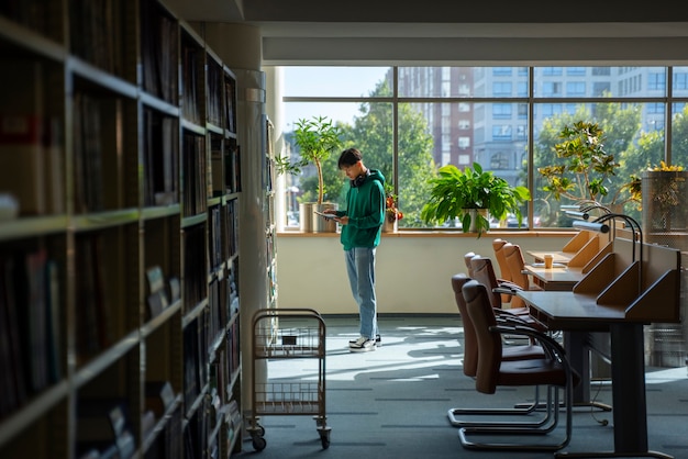 Estudante de tiro completo na biblioteca