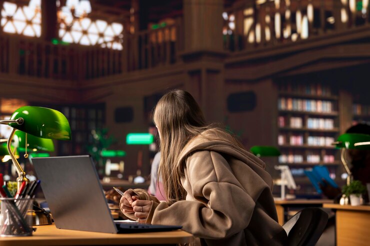 Foto grátis estudante universitário a preparar-se para um exame na biblioteca do campus