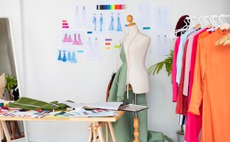 Foto grátis estúdio de design de moda para costura e corte de roupas de grife, fabricação de produtos artesanais