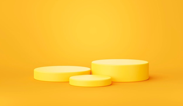 Exibição de produto vazio de pedestal de estúdio de pódio de cilindro amarelo mínimo para mostrar a plataforma de produto em renderização 3d de fundo amarelo