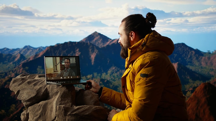 Foto grátis explorador viciado em trabalho reúne-se com colegas em videoconferência online