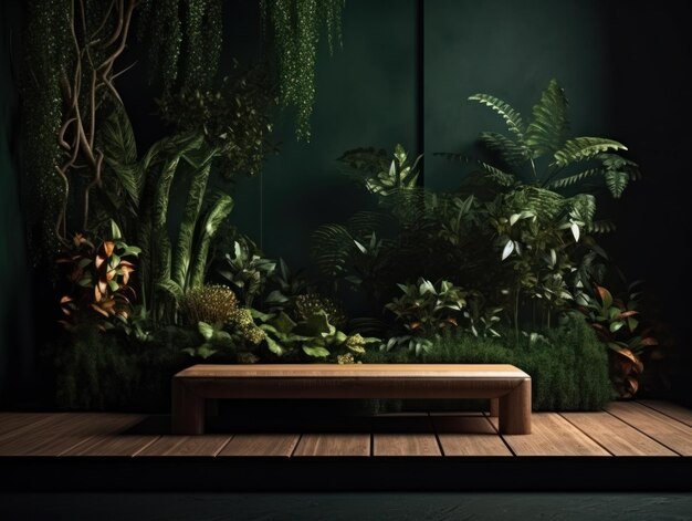Foto grátis exposição de estande de publicidade de produtos cosméticos pódio de madeira sobre fundo verde com folhas e sha