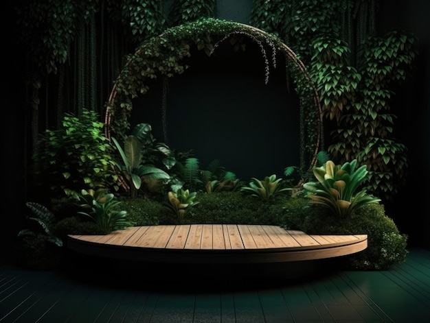 Exposição de estande de publicidade de produtos cosméticos pódio de madeira sobre fundo verde com folhas e sha