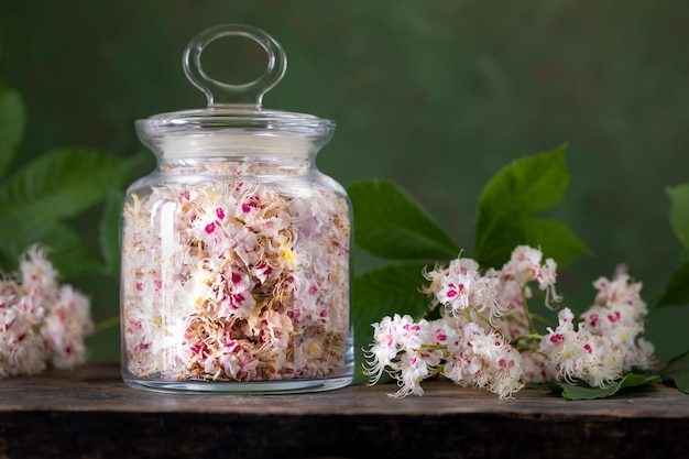 Foto grátis extrato de flor de castanha tintura de flores de castanha-do-mar em frasco