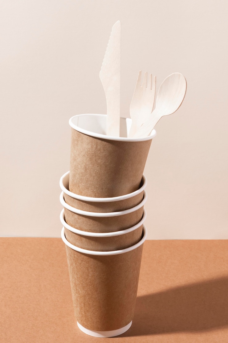 Foto grátis faca e garfo de papelão em uma pilha de copos