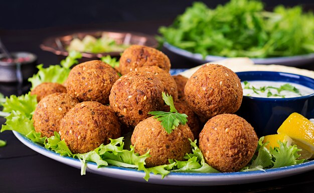 Falafel, homus e pita. Pratos do Oriente Médio ou árabes. Comida halal.