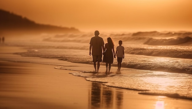 Família caminha na praia ao pôr-do-sol gerada por IA