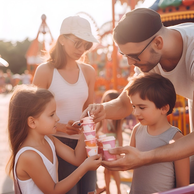 Foto grátis família com dois filhos brincando em um parque de diversões mãe pai e filho passando tempo juntos