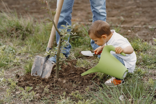 Família com filhos pequenos estão plantando uma árvore em um quintal