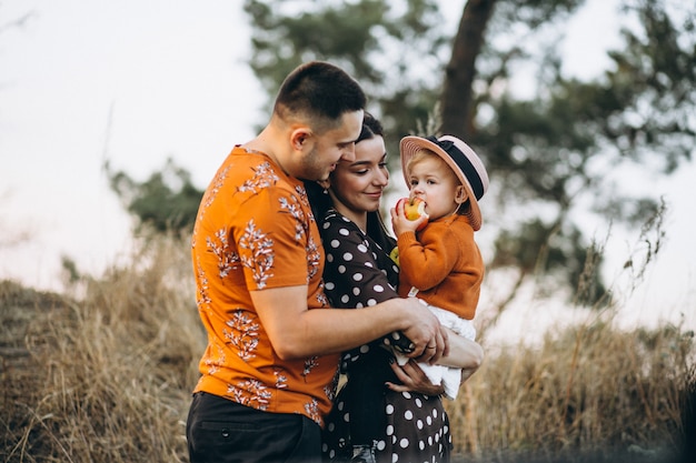 Família com sua filha pequena em um campo de outono