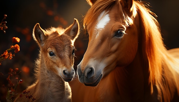 Foto grátis família de cavalos fofos pastando no prado apreciando o pôr do sol gerado pela inteligência artificial