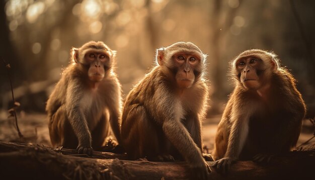 Família de macacos sentada na floresta tropical comendo gerada por IA