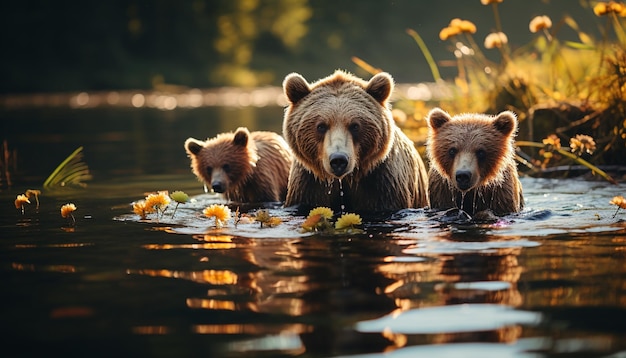 Foto grátis família de mamíferos fofos nadando em uma lagoa tranquila ao pôr do sol gerada por inteligência artificial