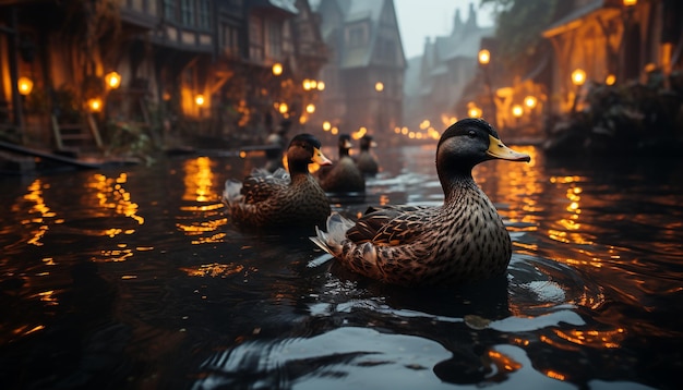 Foto grátis família de patos desliza em uma lagoa tranquila refletindo a beleza da natureza gerada pela inteligência artificial