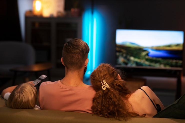 Foto grátis família de vista traseira assistindo tv