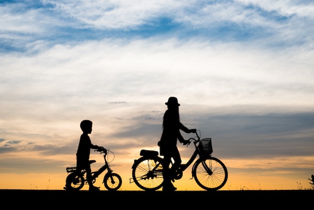 Família, fundo, noite, desporto, bicicleta