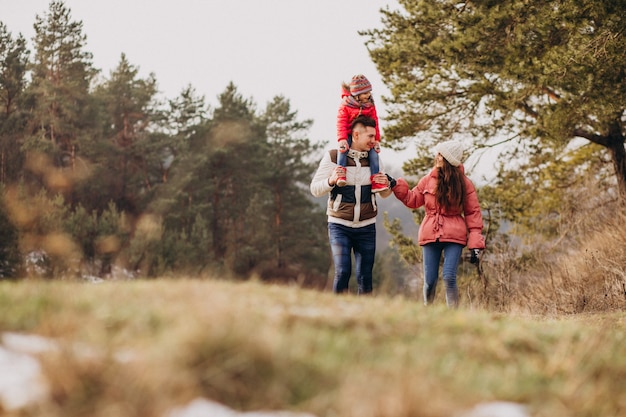 Família jovem caminhando juntos na floresta no inverno