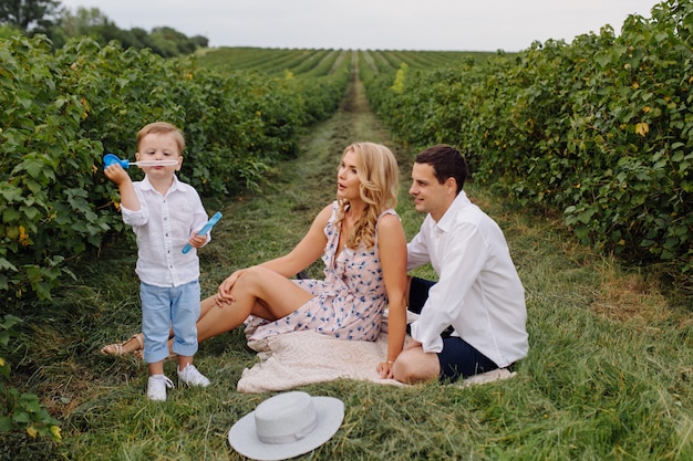 Família jovem feliz pai, mãe e filho parece feliz no parque