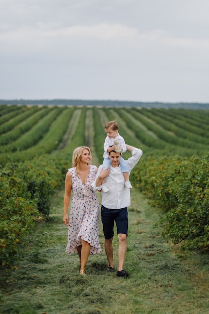 Foto grátis família jovem feliz pai, mãe e filho parece feliz no parque