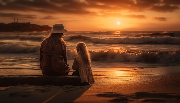 Foto grátis família se abraçando na praia ao pôr do sol gerado por ia