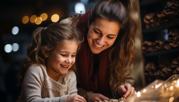 Família sorridente desfrutando de luzes de Natal na sala de estar geradas por inteligência artificial