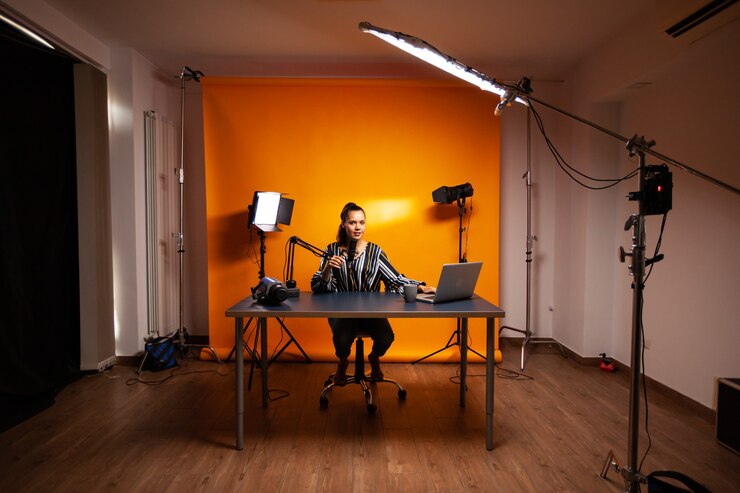 Foto grátis famosa mulher criativa gravando podcast em estúdio caseiro