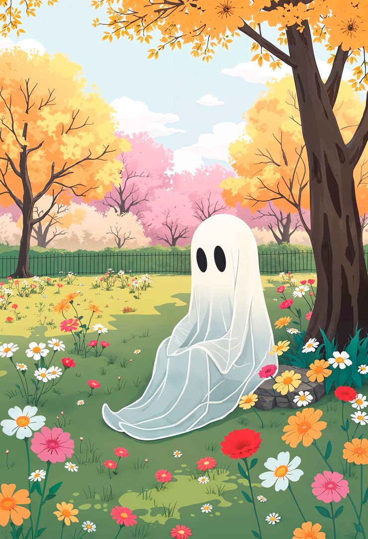 Fantasma adorável cercado de flores ilustração