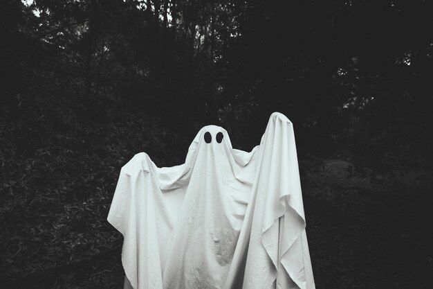Fantasma sombrio com mãos levantando em pé na floresta