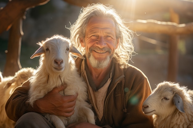 Foto grátis farmer taking care of goat farm