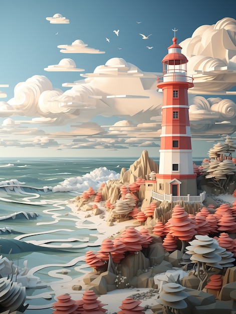 Farol 3d com paisagem marinha