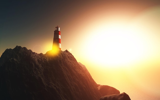 Foto grátis farol 3d em um penhasco contra uma paisagem do pôr do sol