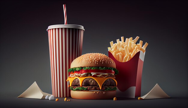 Fast food refeição hambúrguer batatas fritas bebida generativa AI