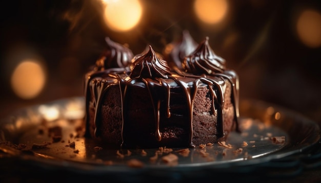 Fatia de bolo de chocolate amargo com cobertura de calda derretida gerada por IA
