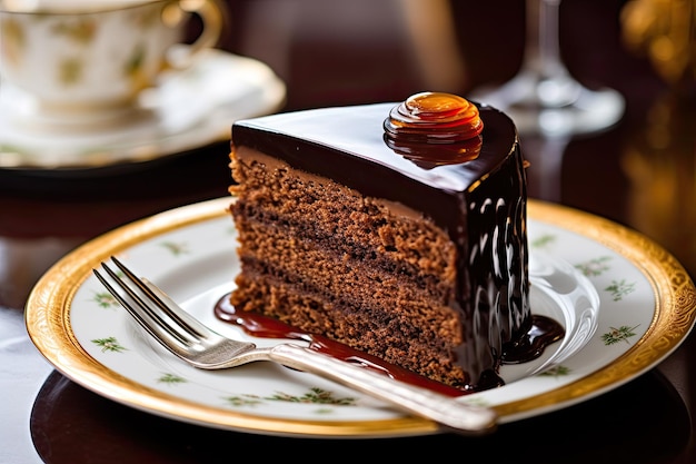 Fatia de bolo sacher com geléia de damasco na mesa de madeira sobremesa austríaca tradicional ai generative