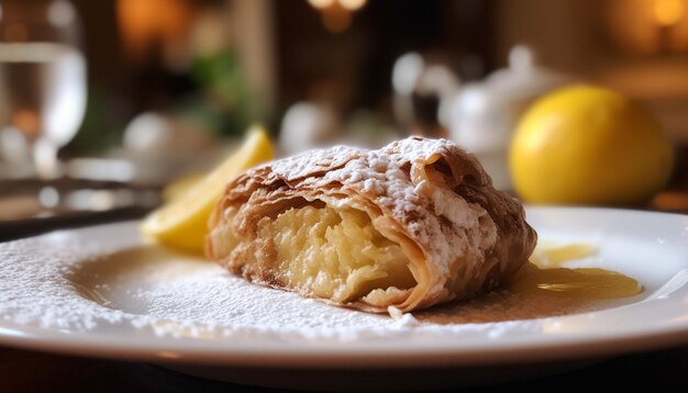 Fatia de limão doce em prato de sobremesa gourmet gerado por IA