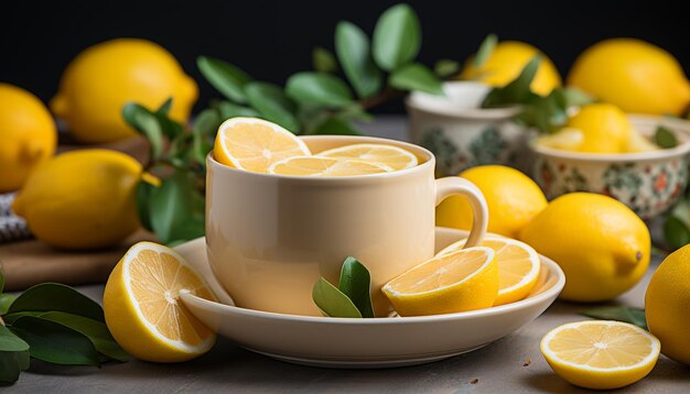 Fatia de limão fresco na mesa de madeira, bebida refrescante de verão gerada por inteligência artificial