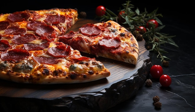 Foto grátis fatia de pizza recém-cozida com tomate mozzarella e coberturas de carne geradas por inteligência artificial