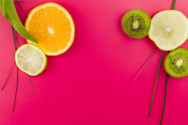 Fatias de frutas e grama verde