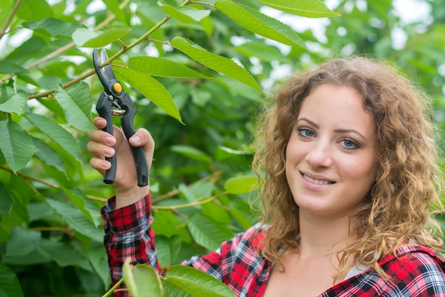 Fazendeiro podando galhos de árvores frutíferas em pomar